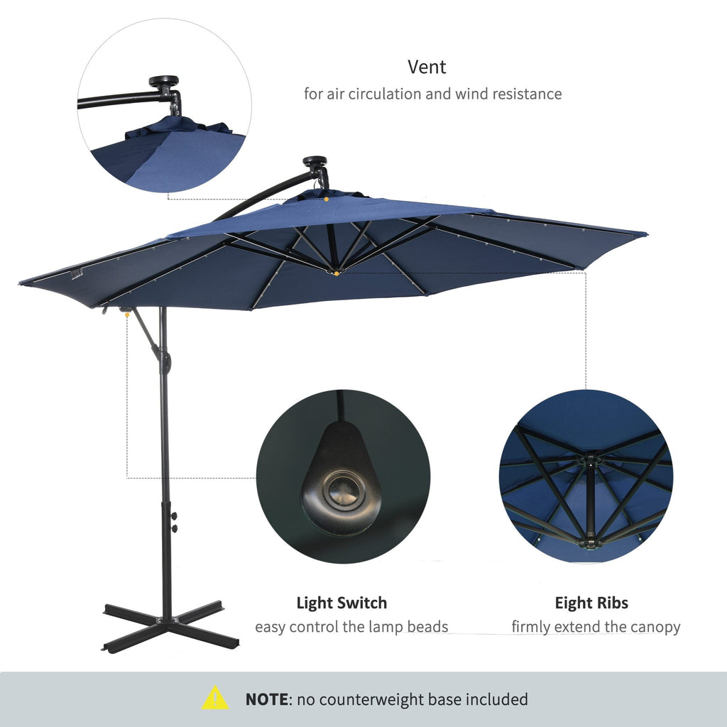 10' Solar Banana Umbrella with Lights & Adjustable Angle, Navy Blue