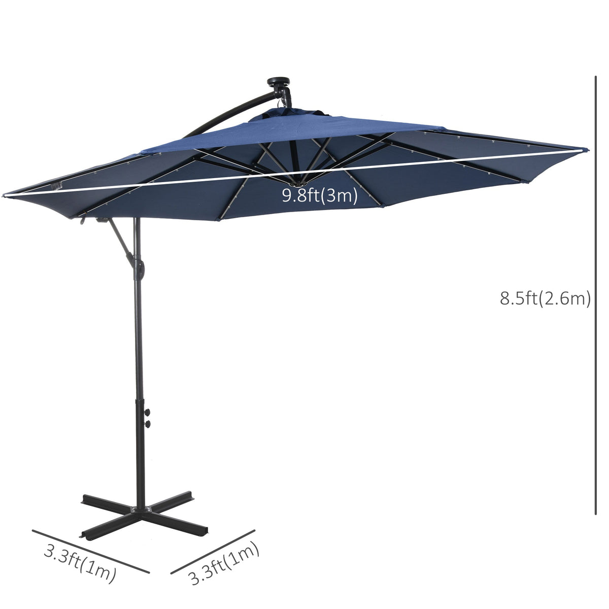 10' Solar Banana Umbrella with Lights & Adjustable Angle, Navy Blue
