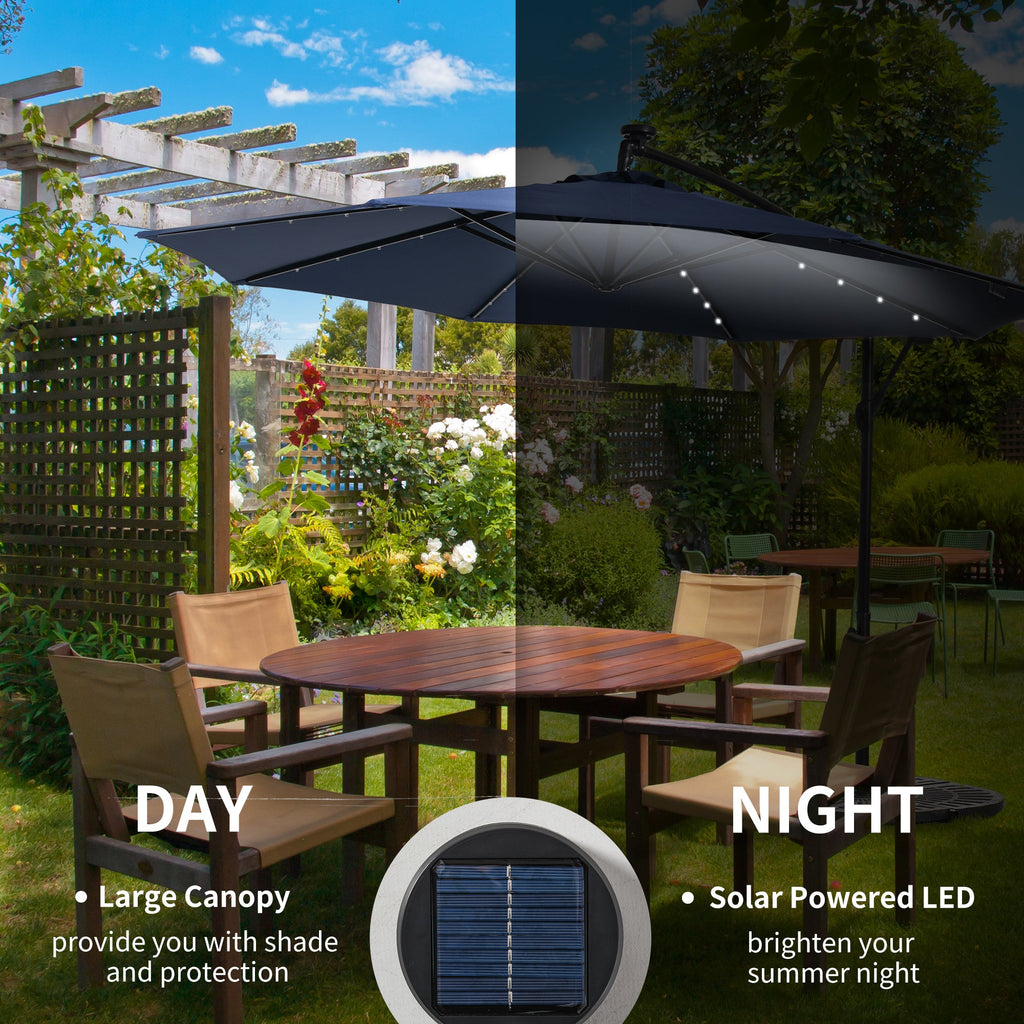 10' Solar Banana Umbrella with Lights & Adjustable Angle, Navy Blue