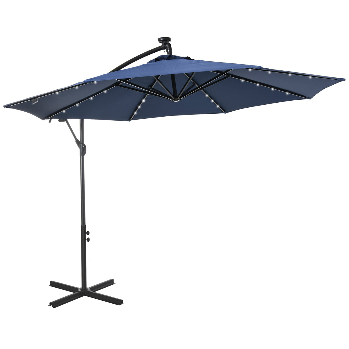 10' Solar Banana Umbrella with Lights & Adjustable Angle, Navy Blue