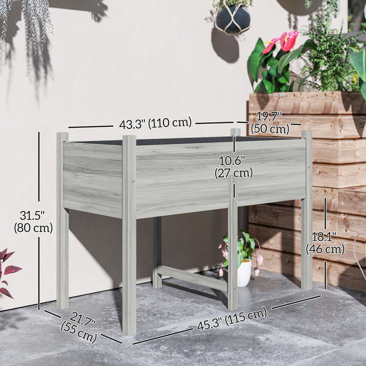 Wooden Raised Garden Bed with Liner & Drain Holes, 45.3"x21.7"x31.5", Grey