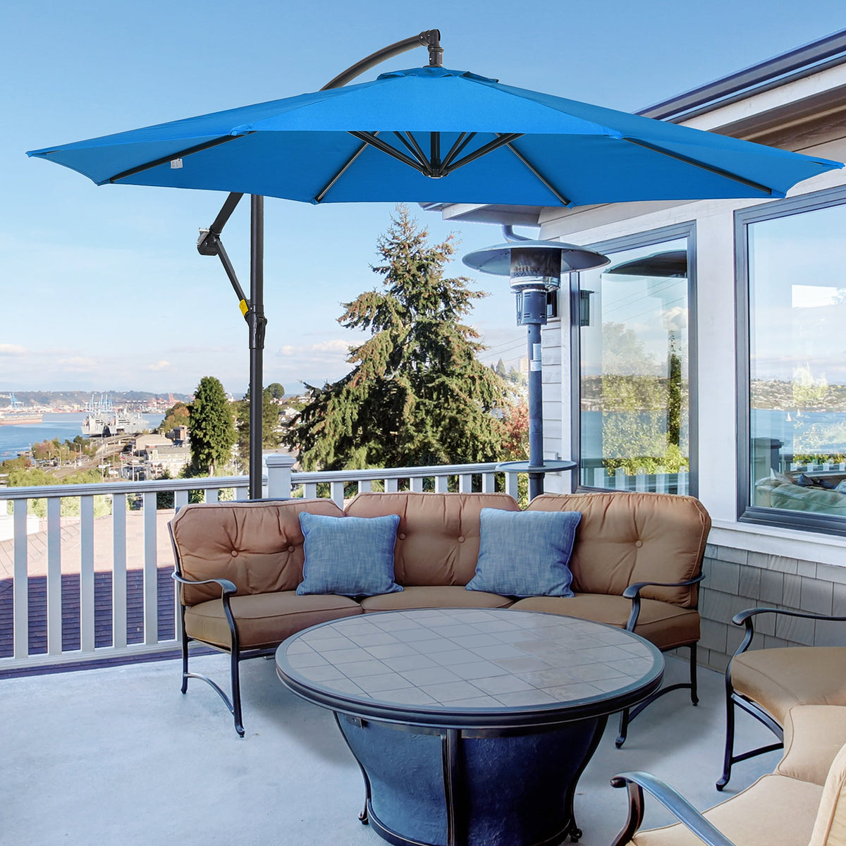 10' Offset Cantilever Patio Umbrella with Base & Crank, Blue
