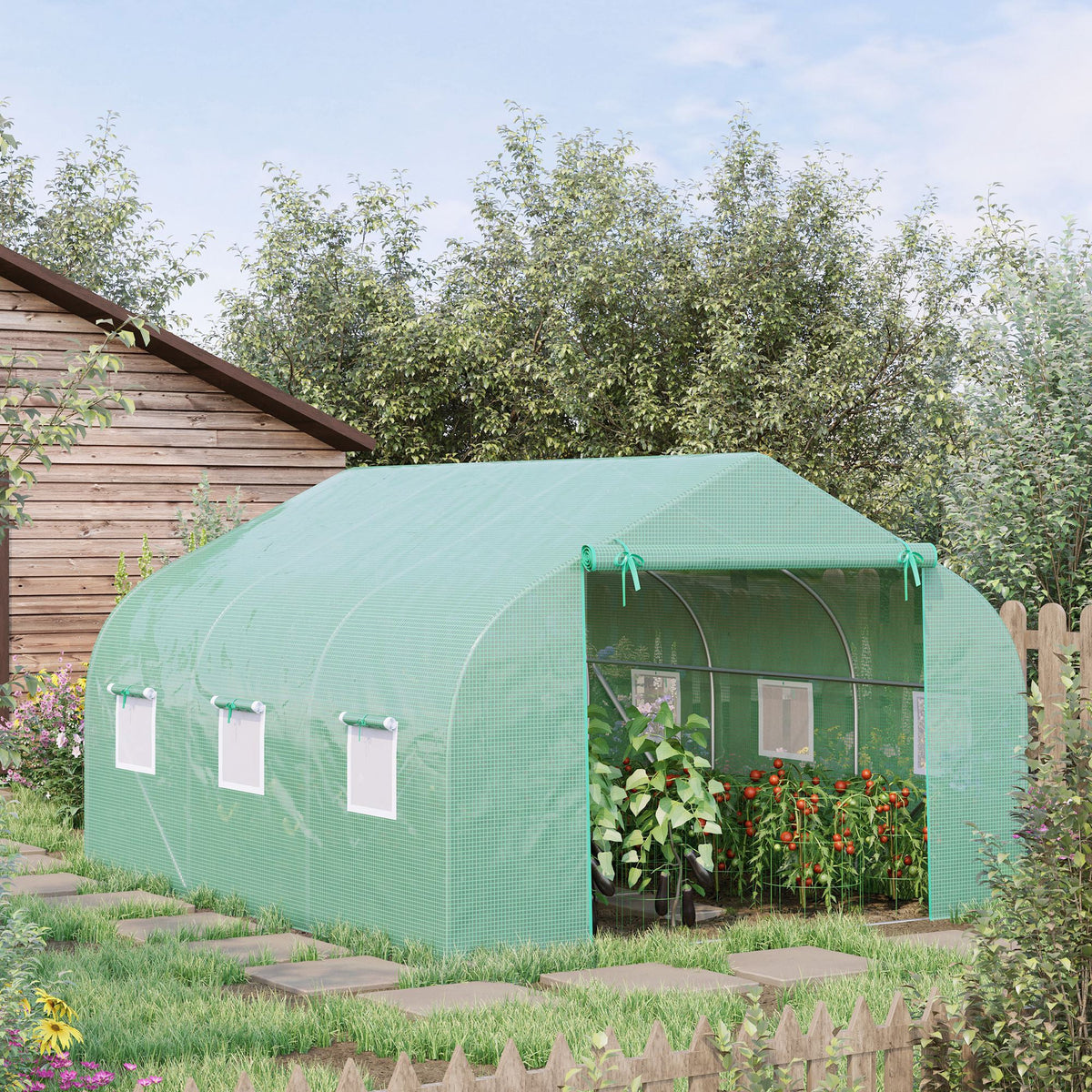 10' x 11' x 7' Walk-in Greenhouse with Roll-Up Door & 6 Mesh Windows, Green