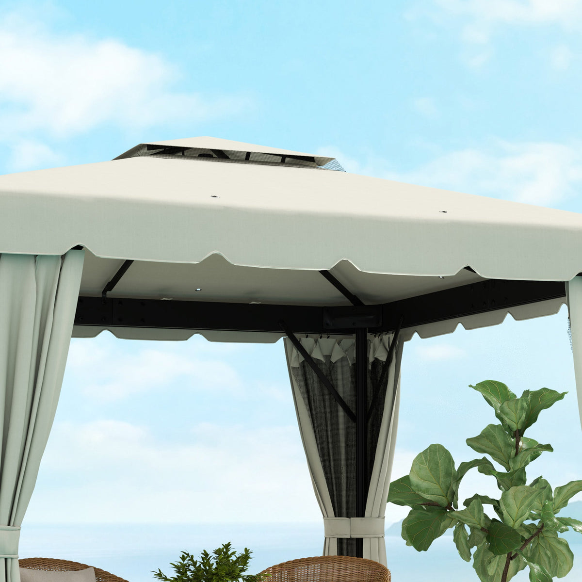 10' x 11' Soft-top Gazebo with Polyester Curtains & Mesh Screens, Cream White
