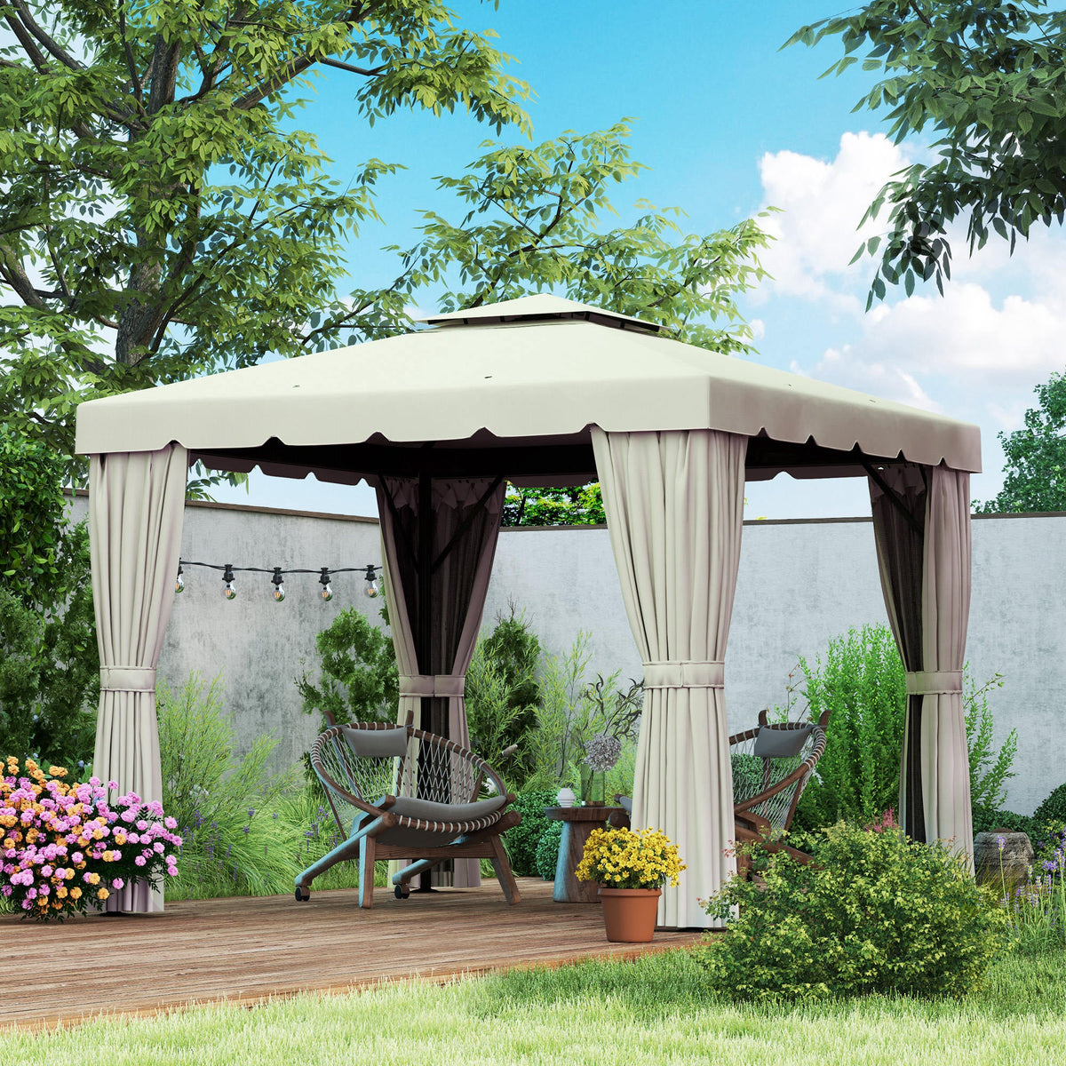 10' x 11' Soft-top Gazebo with Polyester Curtains & Mesh Screens, Cream White