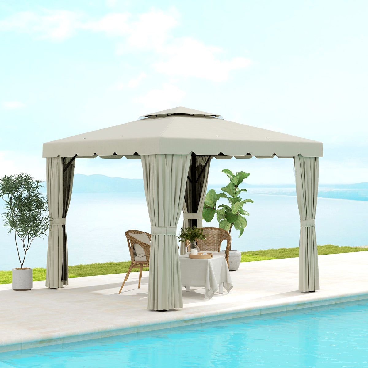 10' x 11' Soft-top Gazebo with Polyester Curtains & Mesh Screens, Cream White