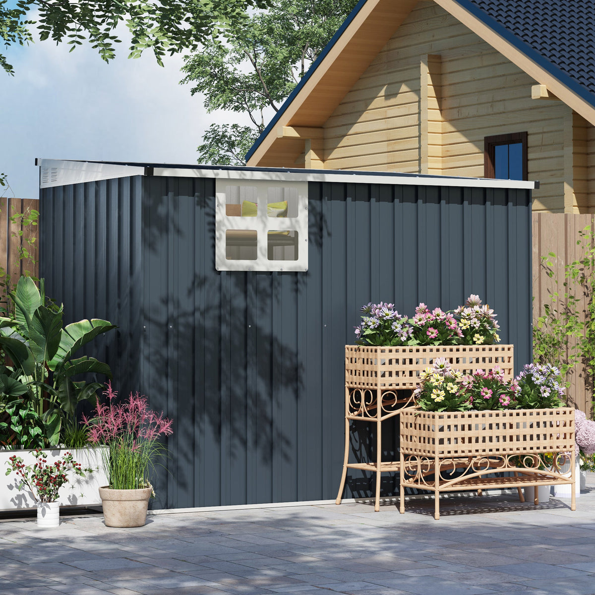 7.6 x 4ft Outdoor Garden Storage Shed with Window, 2 Vents and Lockable Door, Dark Grey