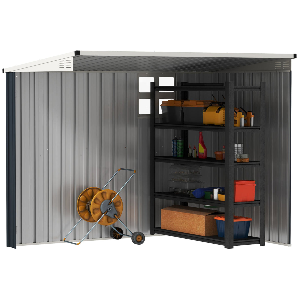 7.6 x 4ft Outdoor Garden Storage Shed with Window, 2 Vents and Lockable Door, Dark Grey