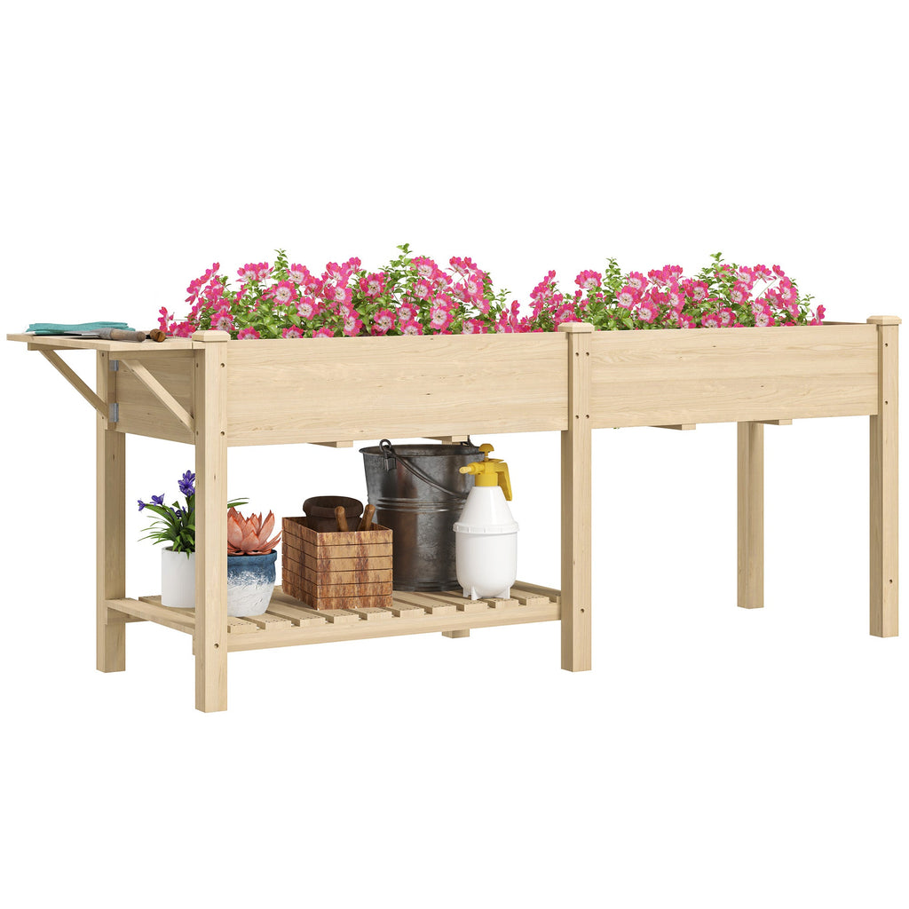 Wood Raised Garden Bed with Foldable Side Table & Bottom Shelf, 81.5" x 23" x 30.5", Natural