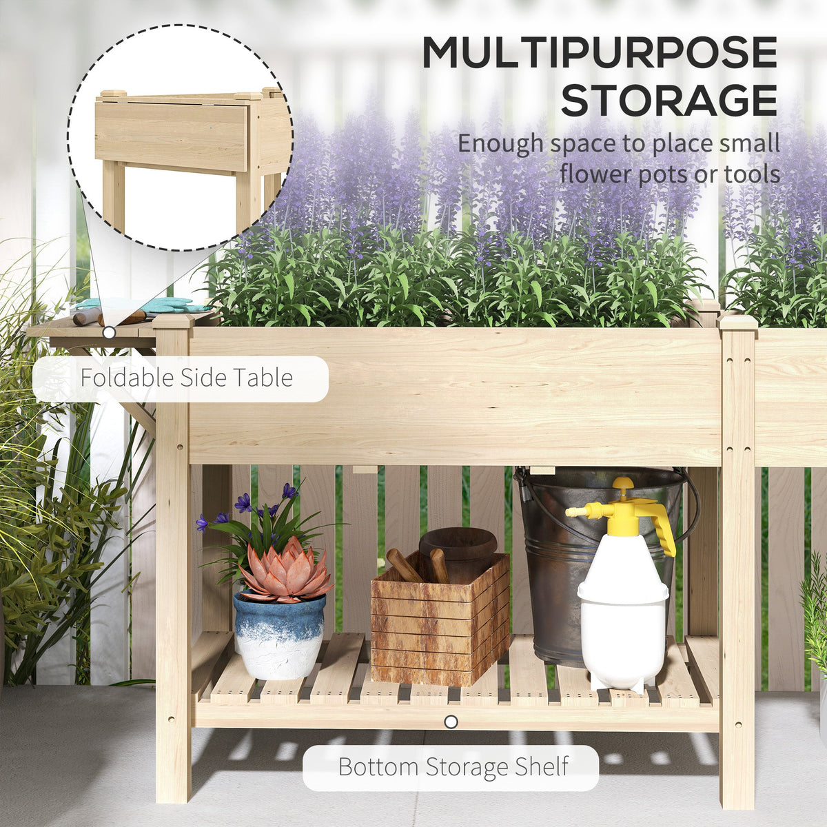 Wood Raised Garden Bed with Foldable Side Table & Bottom Shelf, 81.5" x 23" x 30.5", Natural