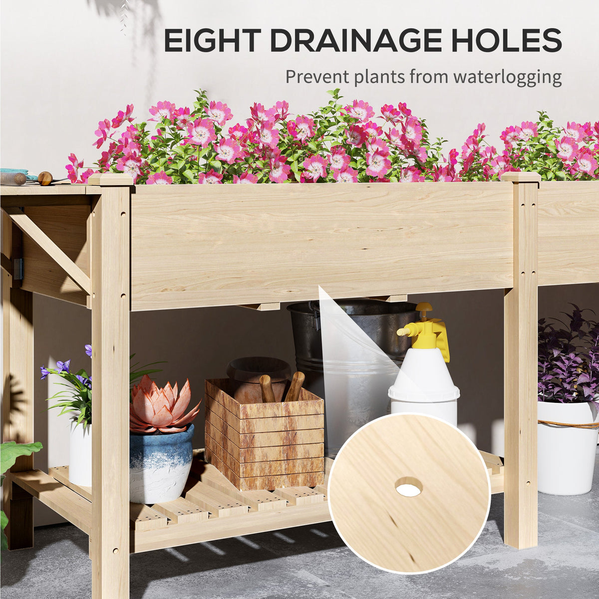 Wood Raised Garden Bed with Foldable Side Table & Bottom Shelf, 81.5" x 23" x 30.5", Natural