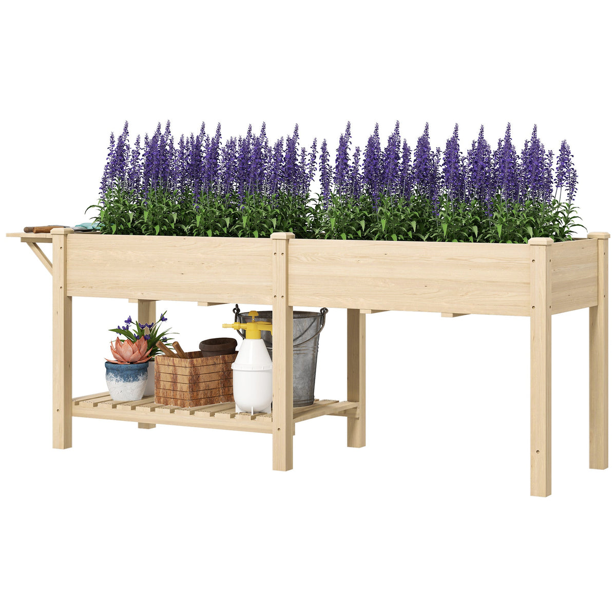 Wood Raised Garden Bed with Foldable Side Table & Bottom Shelf, 81.5" x 23" x 30.5", Natural