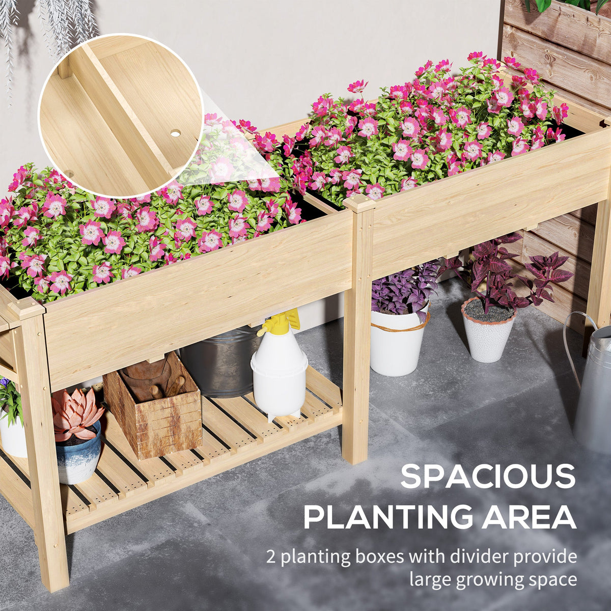 Wood Raised Garden Bed with Foldable Side Table & Bottom Shelf, 81.5" x 23" x 30.5", Natural