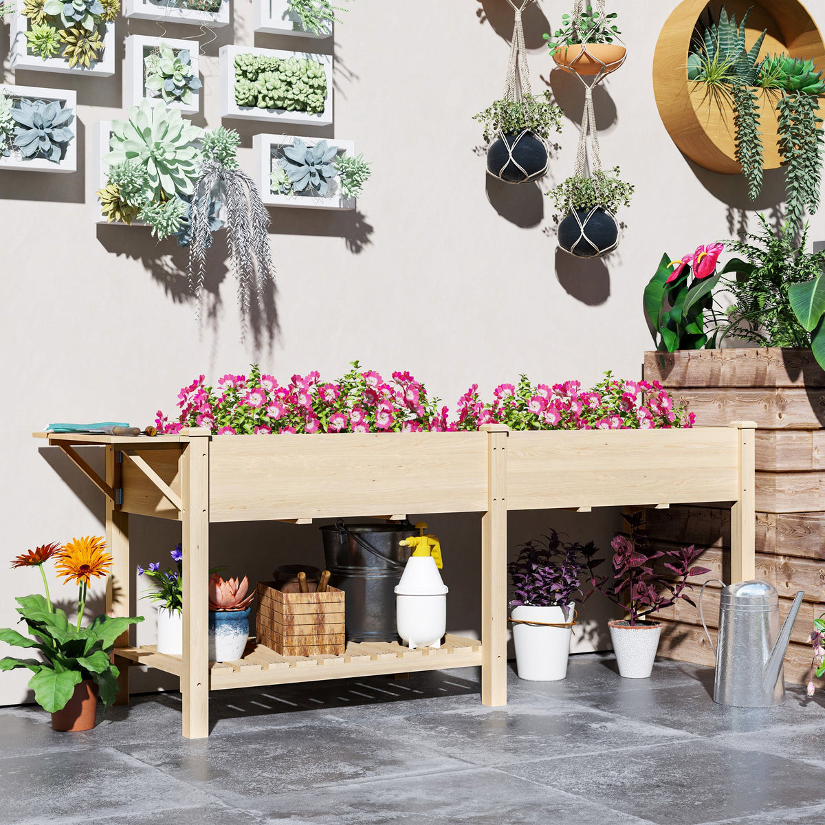 Wood Raised Garden Bed with Foldable Side Table & Bottom Shelf, 81.5" x 23" x 30.5", Natural