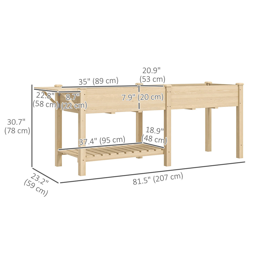 Wood Raised Garden Bed with Foldable Side Table & Bottom Shelf, 81.5" x 23" x 30.5", Natural