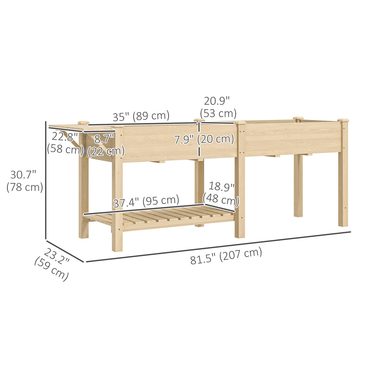 Wood Raised Garden Bed with Foldable Side Table & Bottom Shelf, 81.5" x 23" x 30.5", Natural