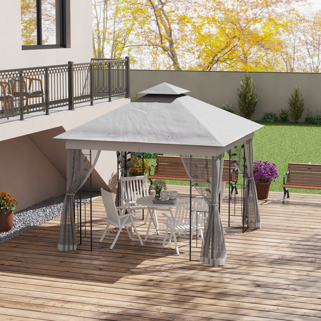 3 x 3m Garden Gazebo with Double Roof & Netting, Light Grey