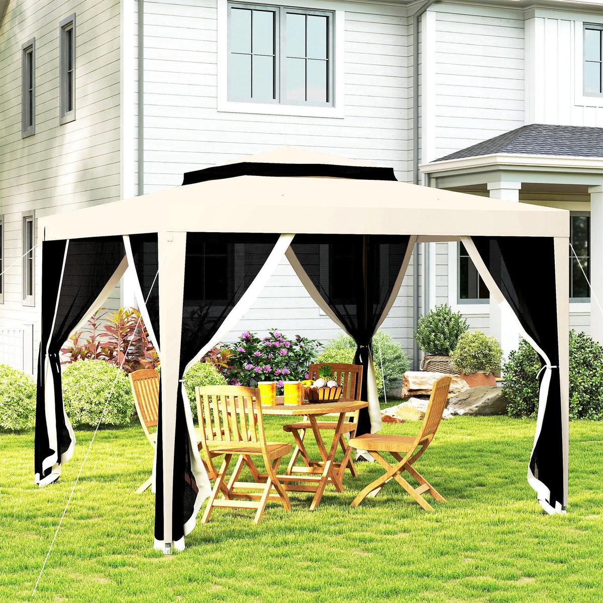 10' x 10' Canopy Tent with Mesh Netting and Double-Tier Roof, Beige