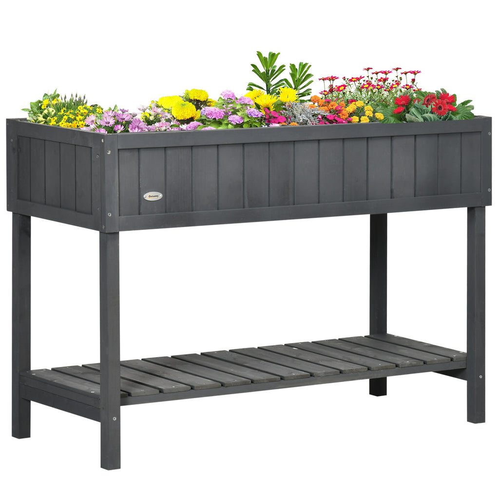 Wooden Raised Bed with Storage Shelf & 8 Pockets, 43" x 18" x 30", Dark Grey