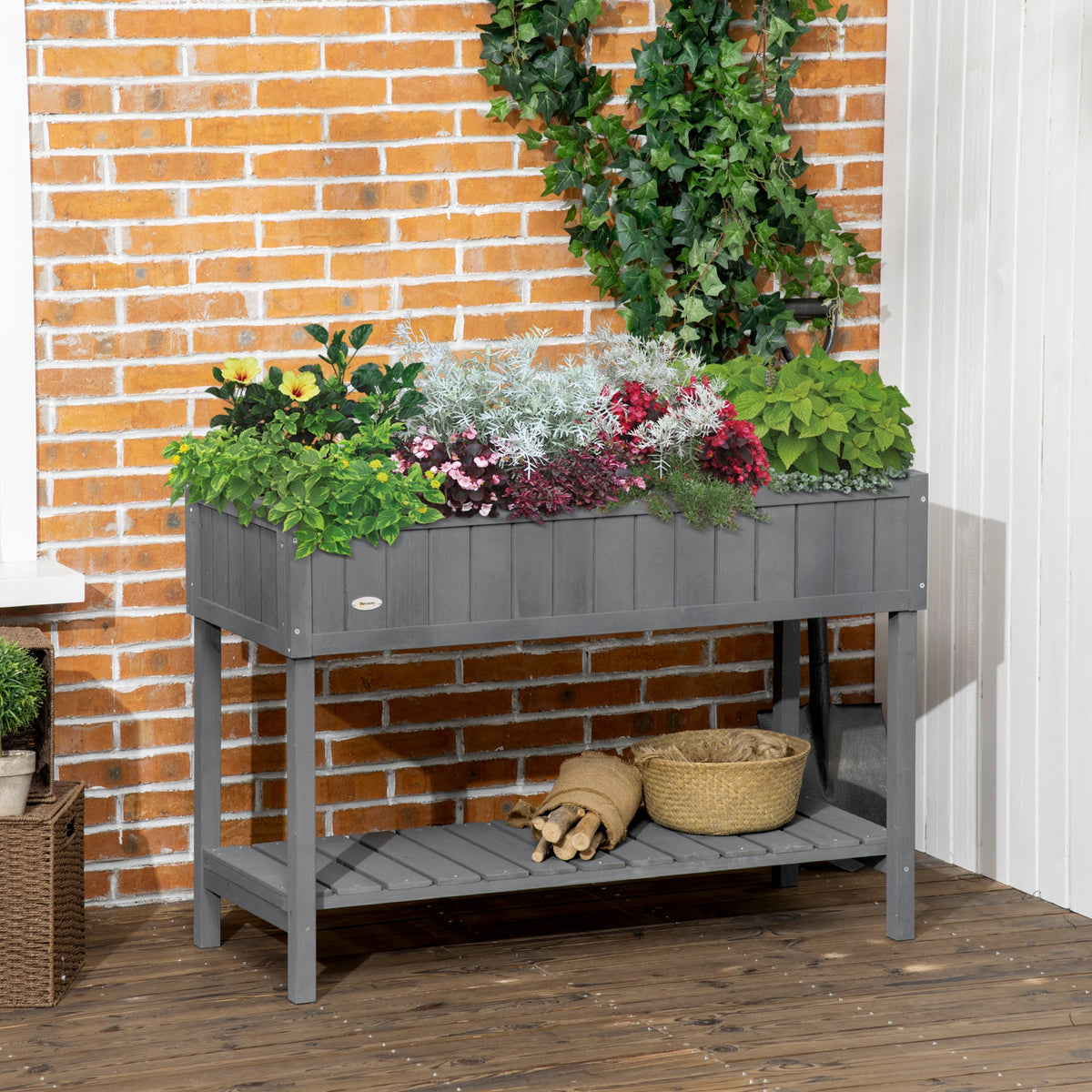 Wooden Raised Bed with Storage Shelf & 8 Pockets, 43" x 18" x 30", Dark Grey