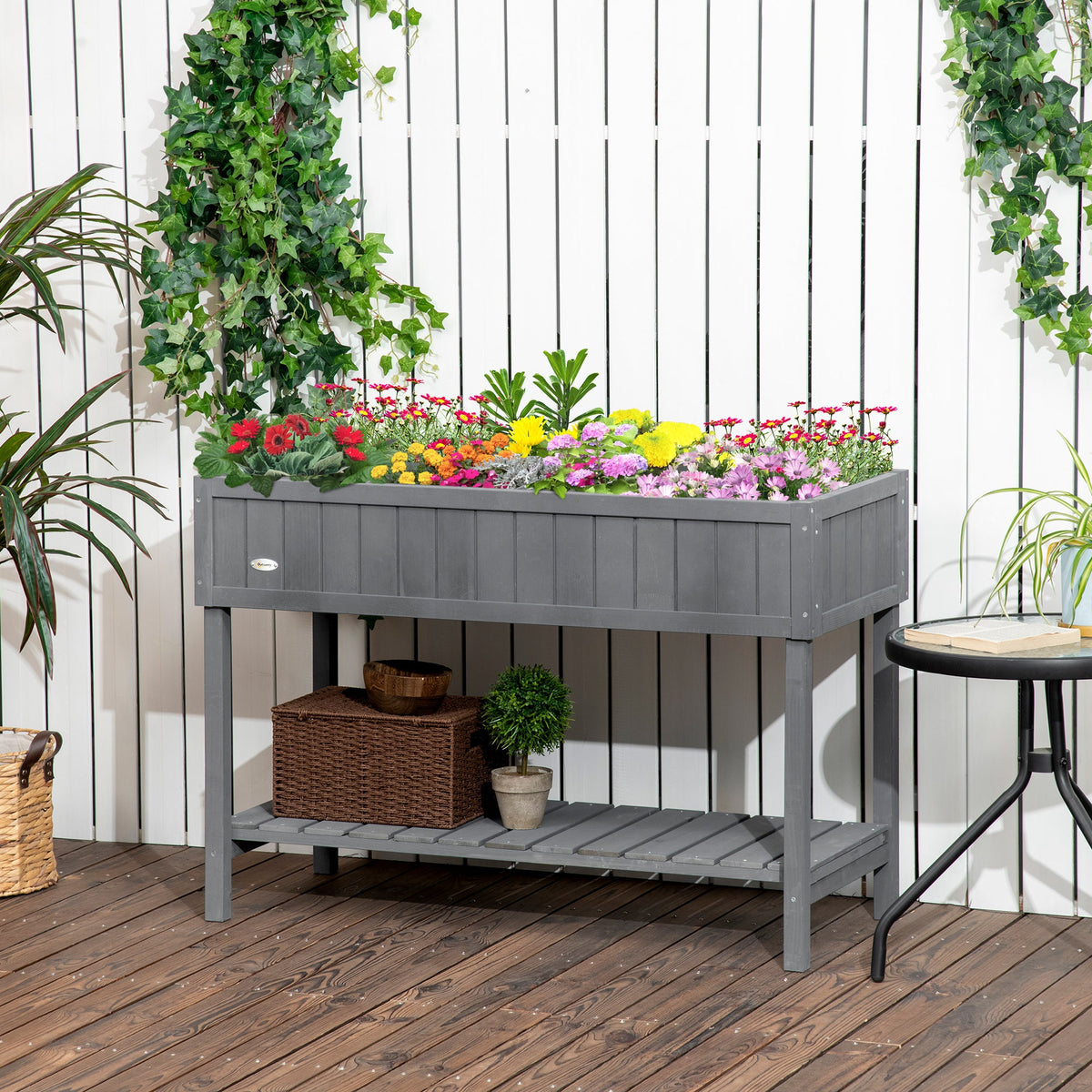 Wooden Raised Bed with Storage Shelf & 8 Pockets, 43" x 18" x 30", Dark Grey