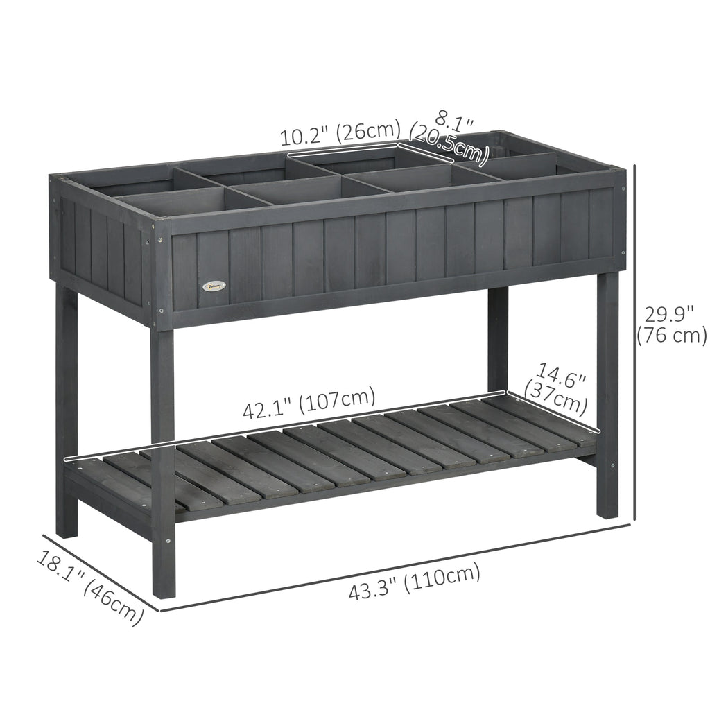 Wooden Raised Bed with Storage Shelf & 8 Pockets, 43" x 18" x 30", Dark Grey
