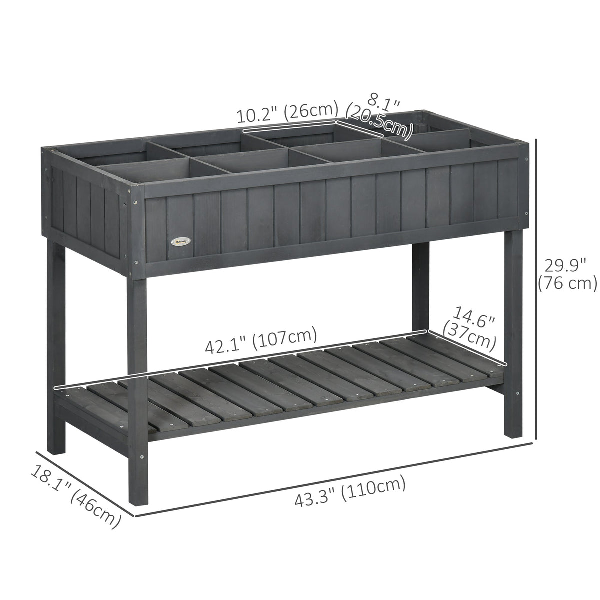 Wooden Raised Bed with Storage Shelf & 8 Pockets, 43" x 18" x 30", Dark Grey