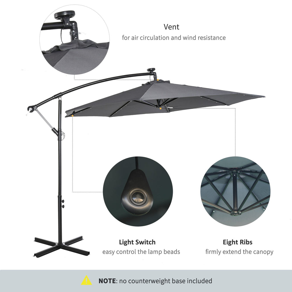 10' Solar Banana Umbrella with Lights & Adjustable Angle, Dark Gray