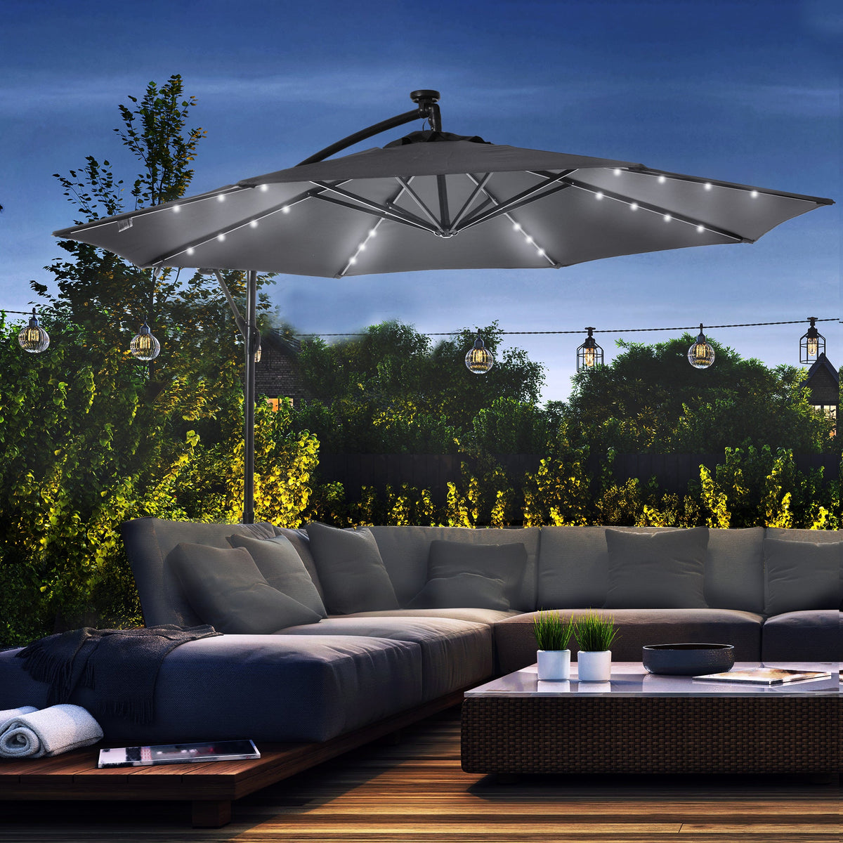 10' Solar Banana Umbrella with Lights & Adjustable Angle, Dark Gray