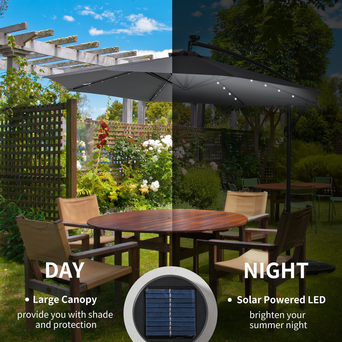 10' Solar Banana Umbrella with Lights & Adjustable Angle, Dark Gray