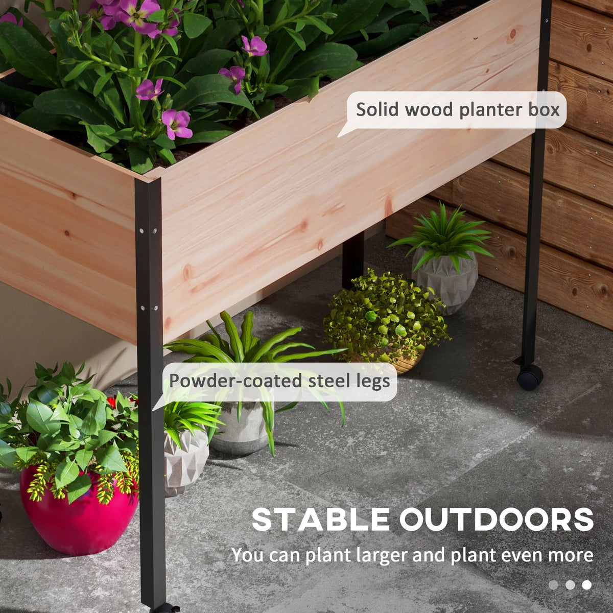 Wooden Elevated Planter Box with Wheels & Drainage Holes