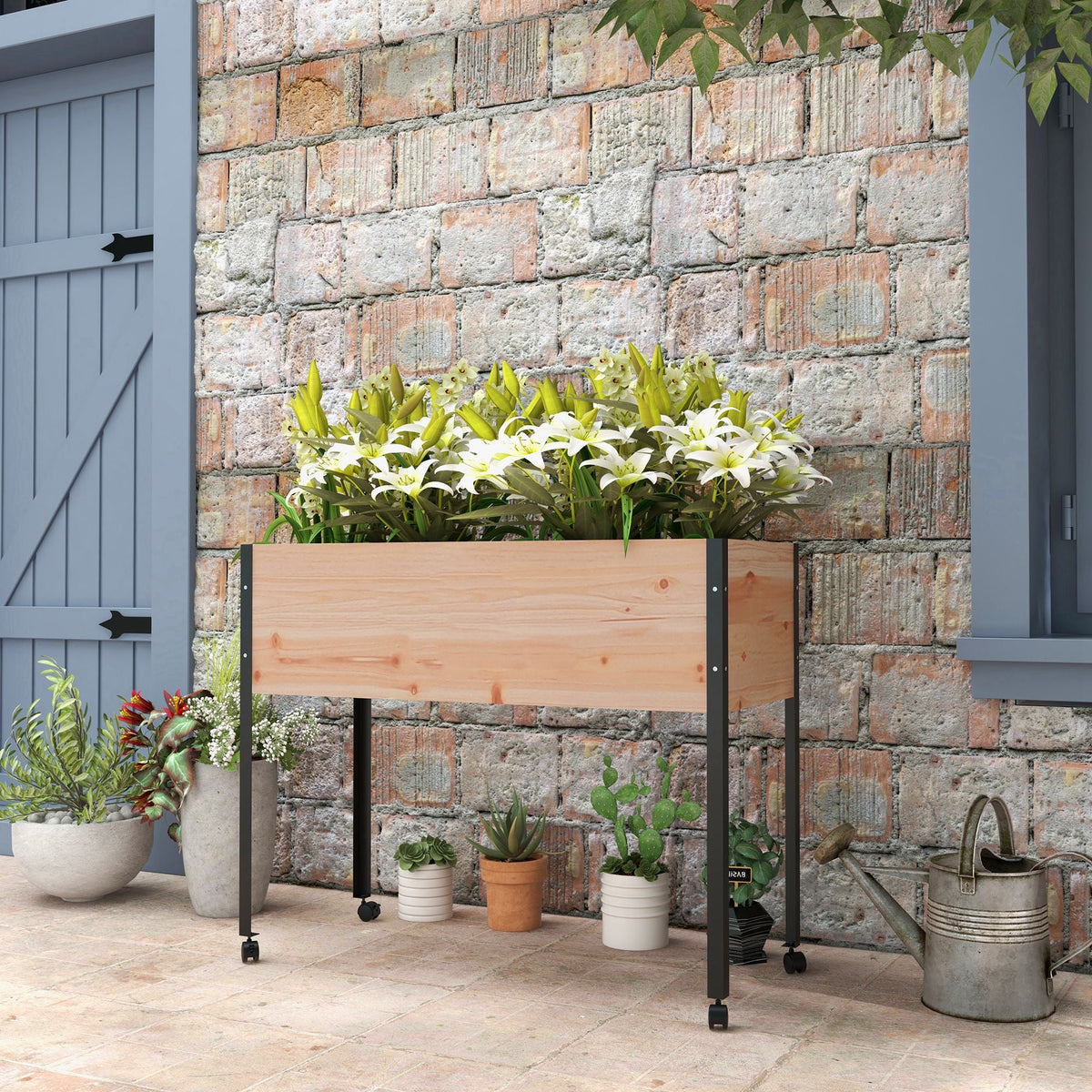 Wooden Elevated Planter Box with Wheels & Drainage Holes