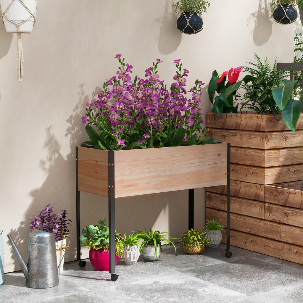 Wooden Elevated Planter Box with Wheels & Drainage Holes
