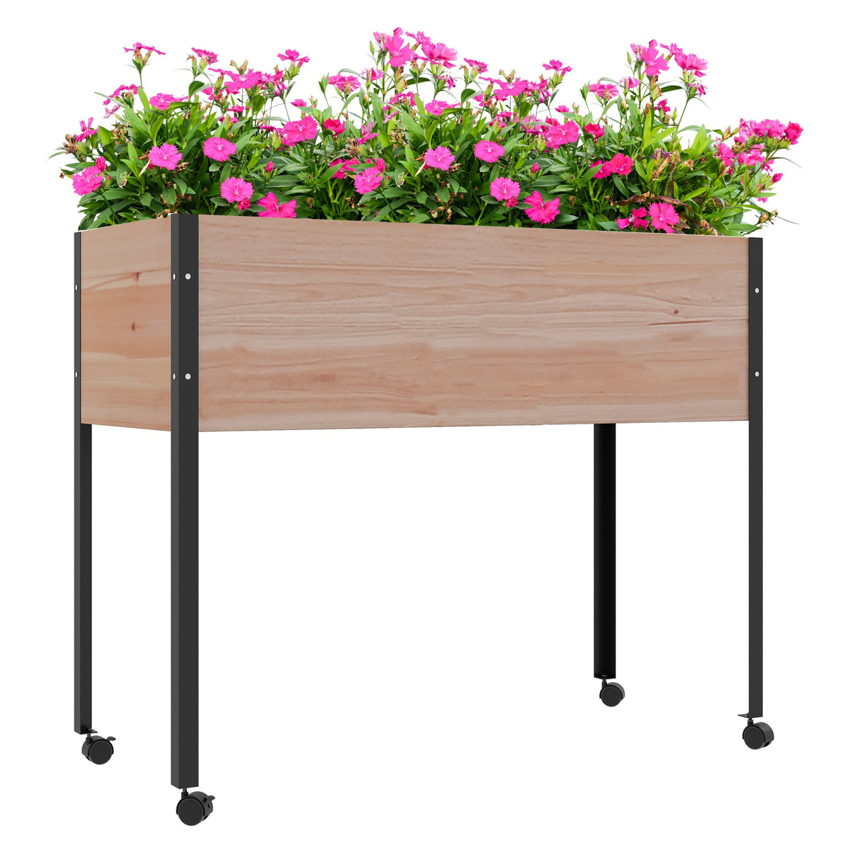 Wooden Elevated Planter Box with Wheels & Drainage Holes
