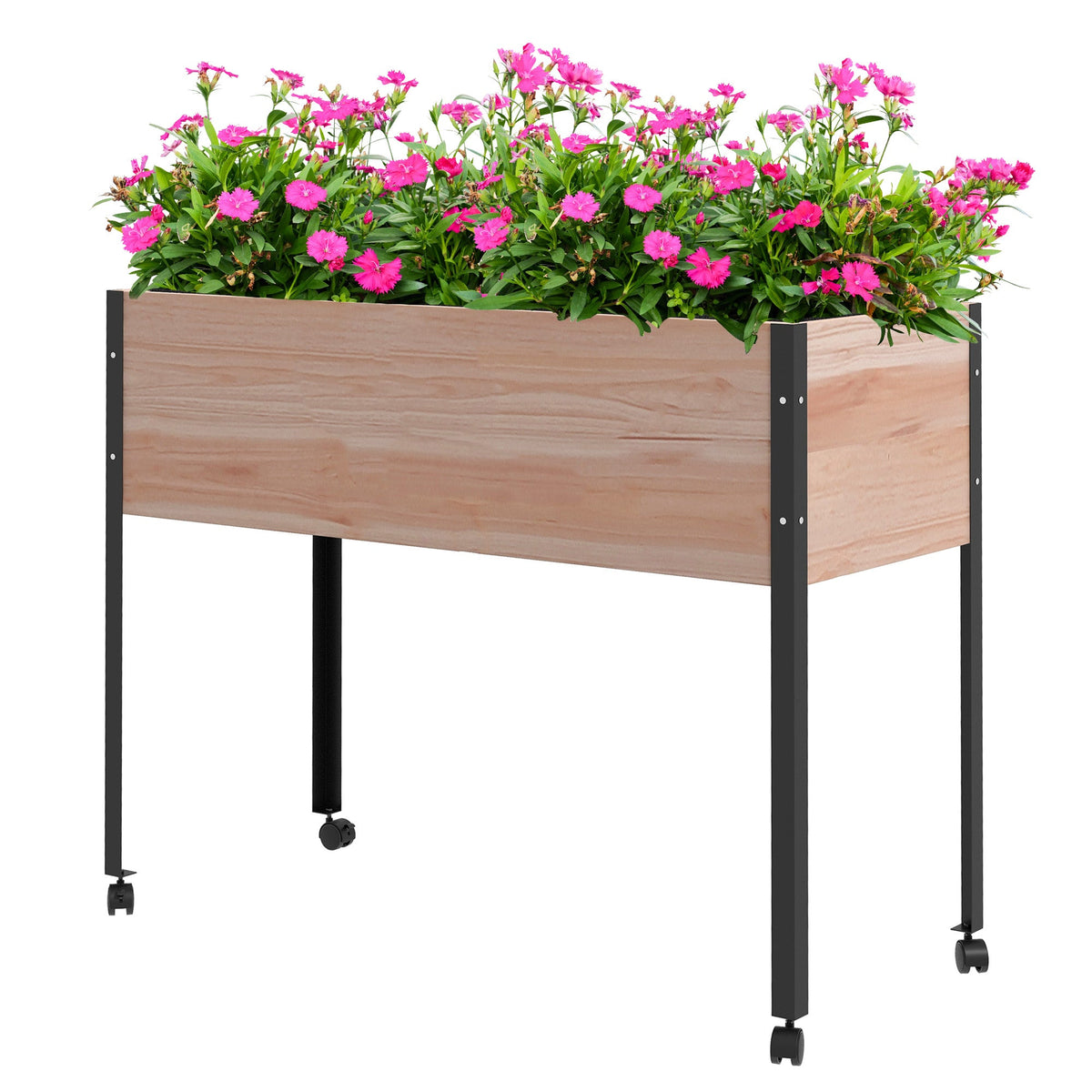 Wooden Elevated Planter Box with Wheels & Drainage Holes