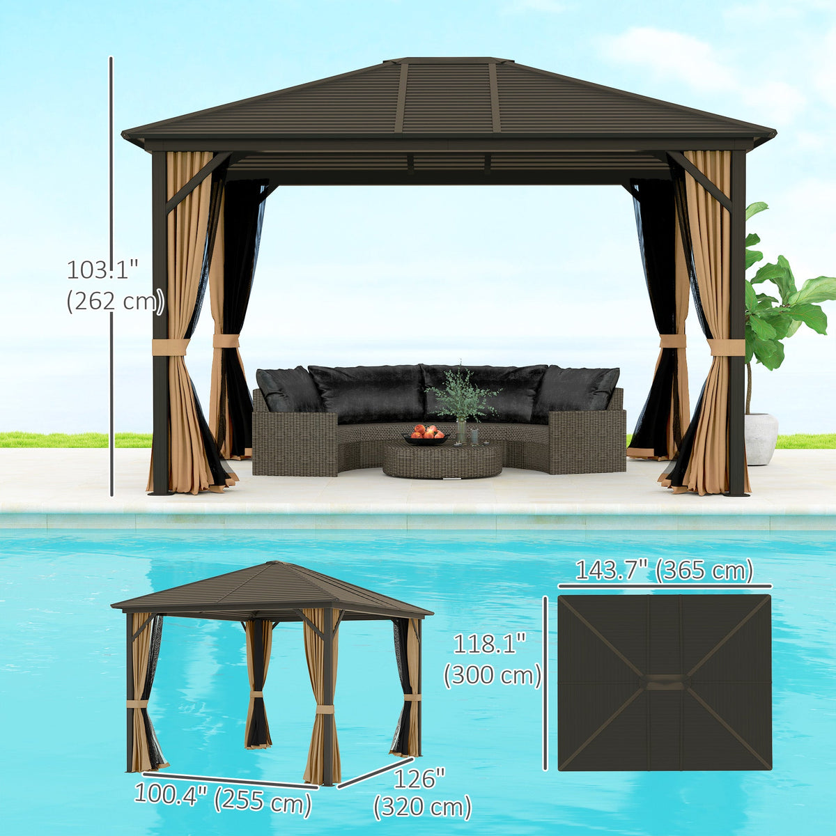 10' x 12' Deluxe Hardtop Gazebo with Metal Roof & Curtains, Coffee