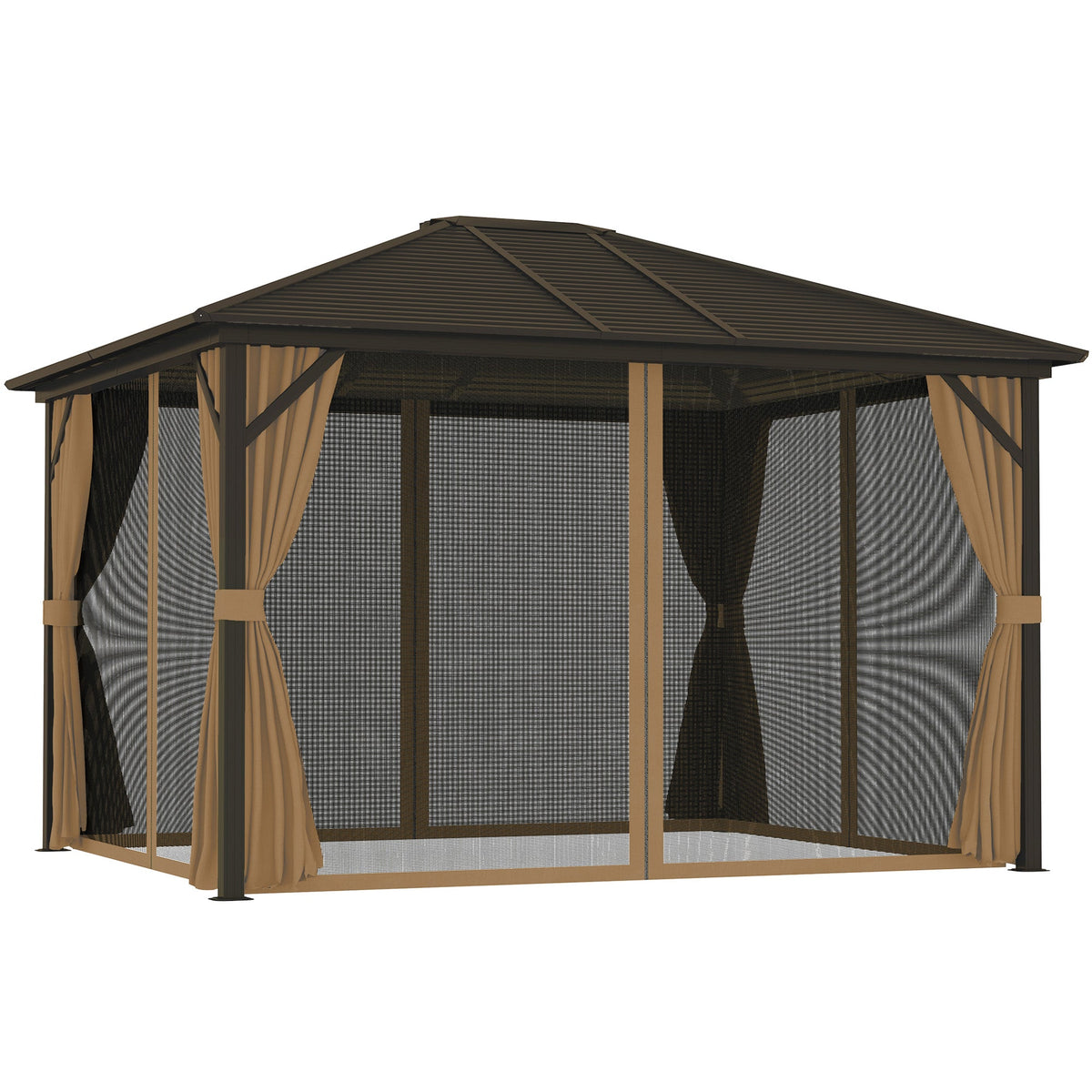 10' x 12' Deluxe Hardtop Gazebo with Metal Roof & Curtains, Coffee