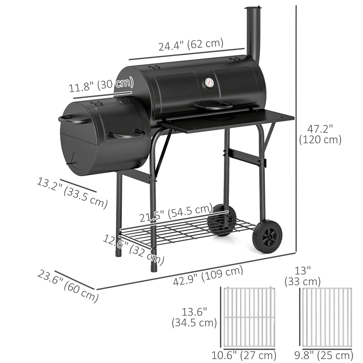 Portable Charcoal Grill with Offset Smoker & 2 Shelves, Black