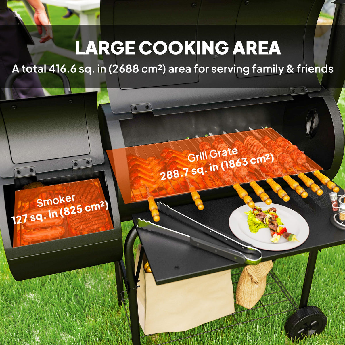 Portable Charcoal Grill with Offset Smoker & 2 Shelves, Black