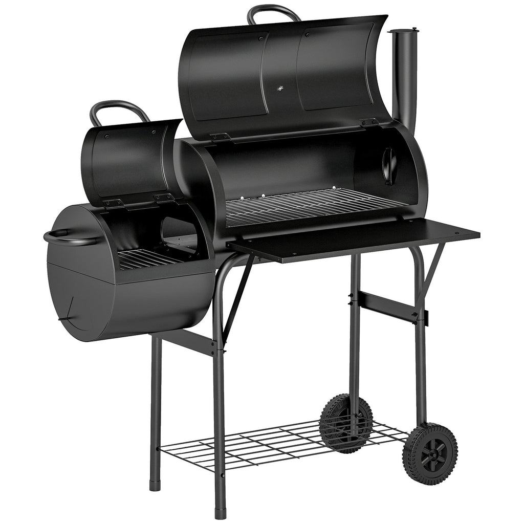 Portable Charcoal Grill with Offset Smoker & 2 Shelves, Black