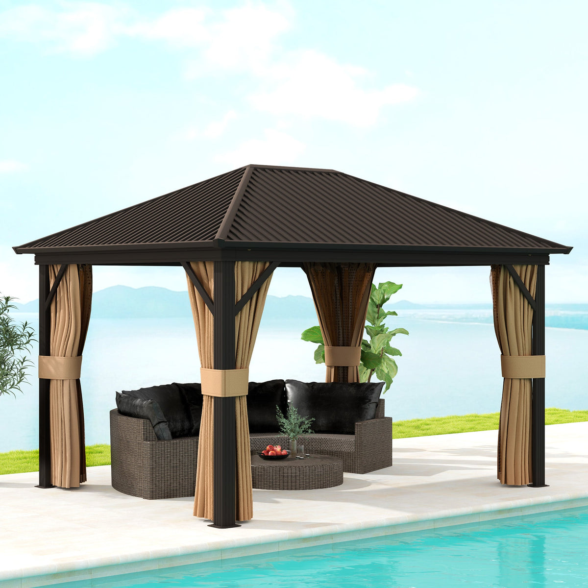 10' x 12' Hardtop Gazebo with Aluminum Frame & Top Hook, Brown