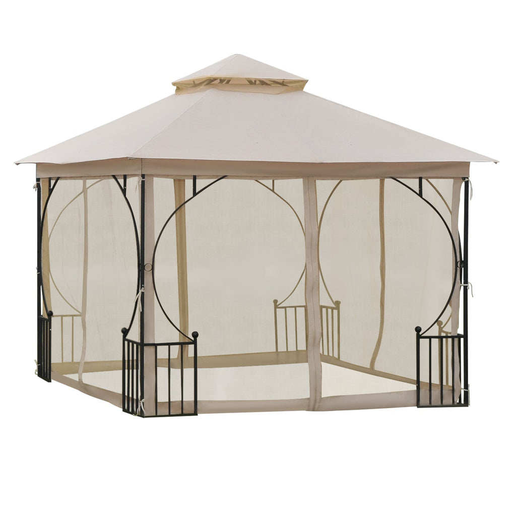 3 x 3m Garden Gazebo with Double Tier Roof & Netting, Beige