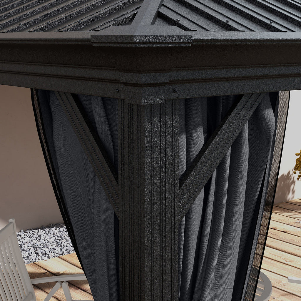 10' x 12' Double Roof Hardtop Gazebo with Netting and Curtains, Dark Grey