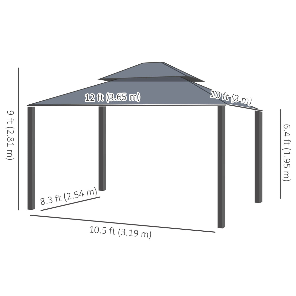 10' x 12' Double Roof Hardtop Gazebo with Netting and Curtains, Dark Grey
