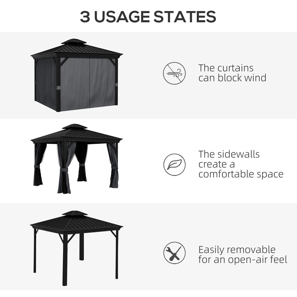 10' x 12' Double Roof Hardtop Gazebo with Netting and Curtains, Dark Grey