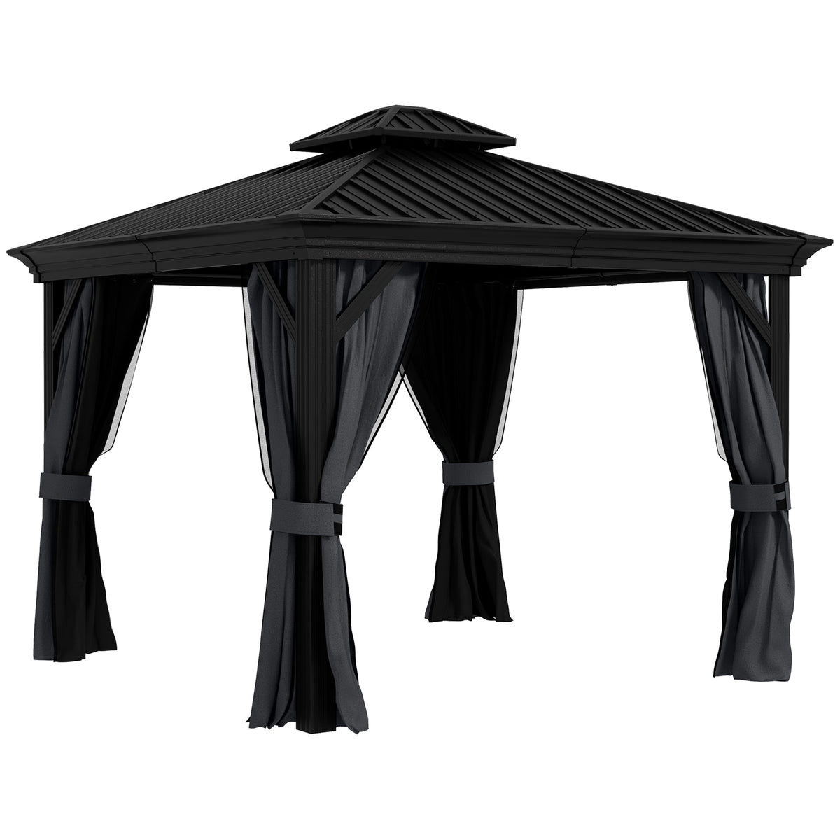 10' x 12' Double Roof Hardtop Gazebo with Netting and Curtains, Dark Grey