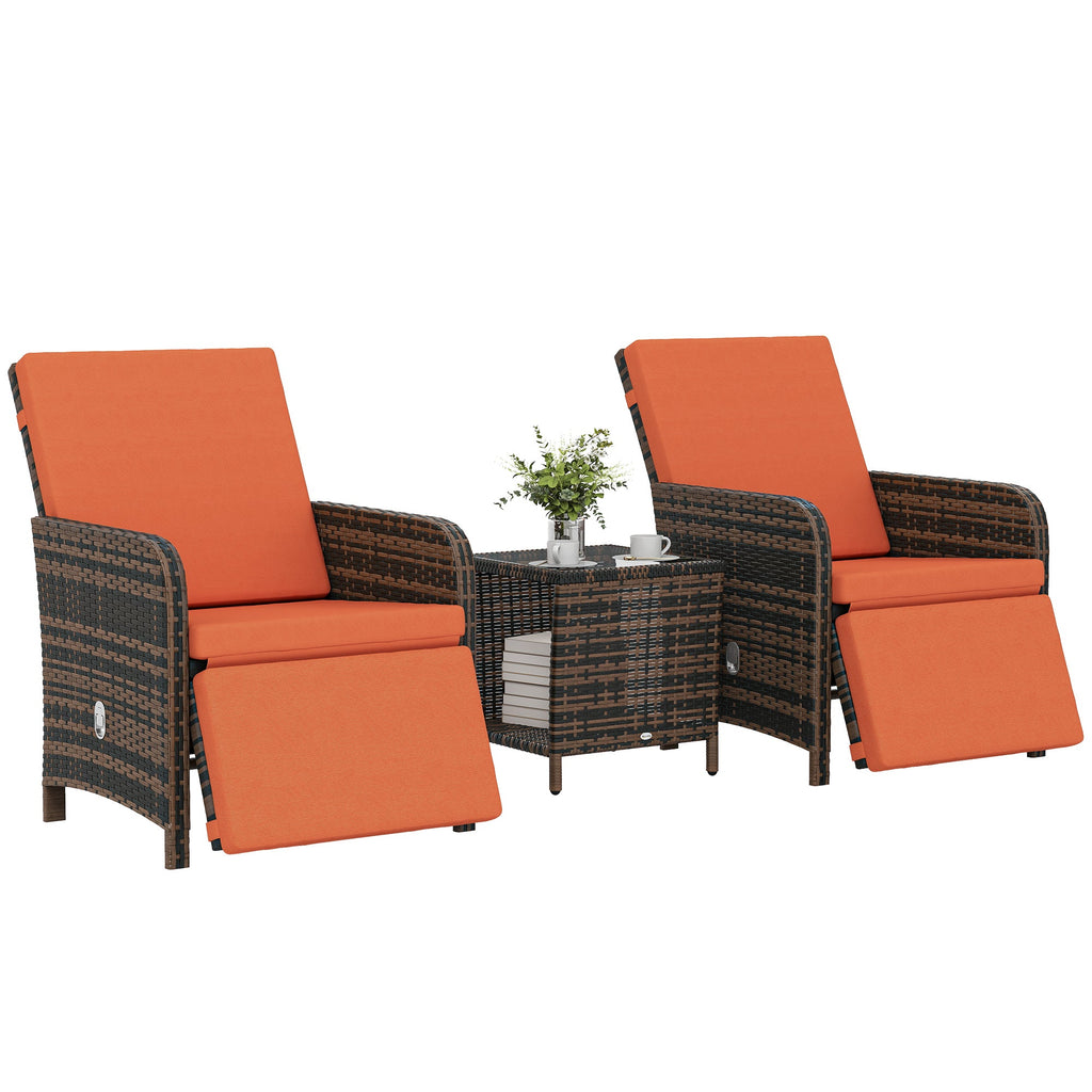 3 Piece Rattan Bistro Set with Reclining Chairs & Storage Table, Orange