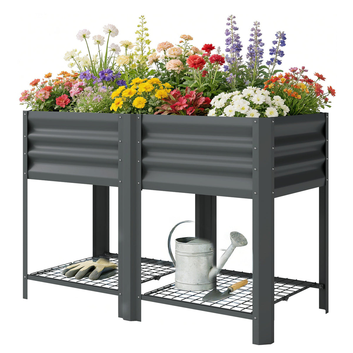 Galvanized Steel Raised Garden Bed with Legs and Storage Shelf, Dark Grey