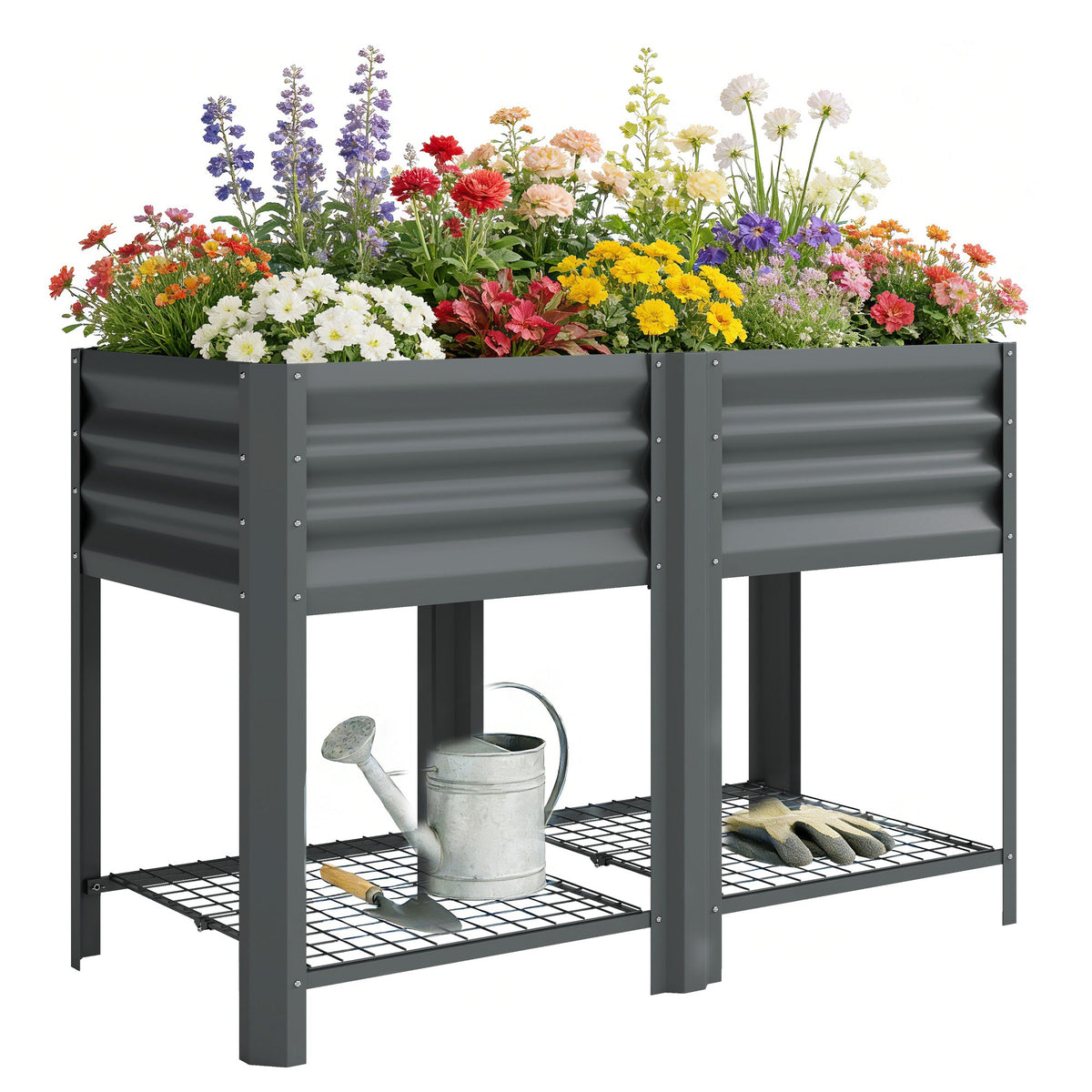 Galvanized Steel Raised Garden Bed with Legs and Storage Shelf, Dark Grey
