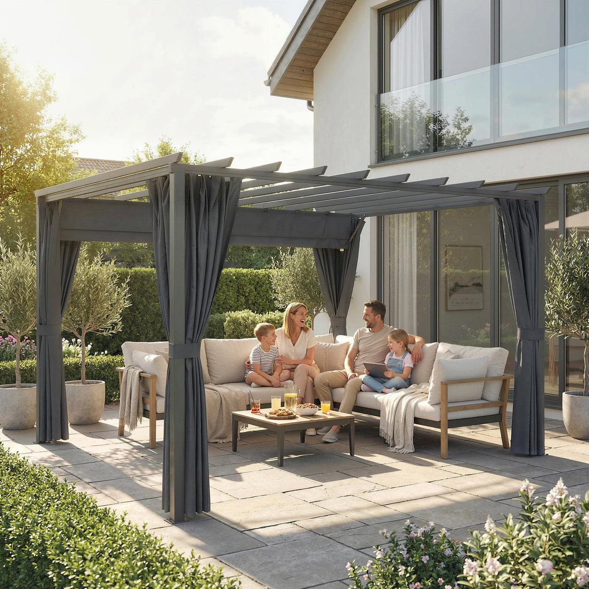 3.6 x 3 m Pergola with Retractable Roof and Curtains, Dark Grey